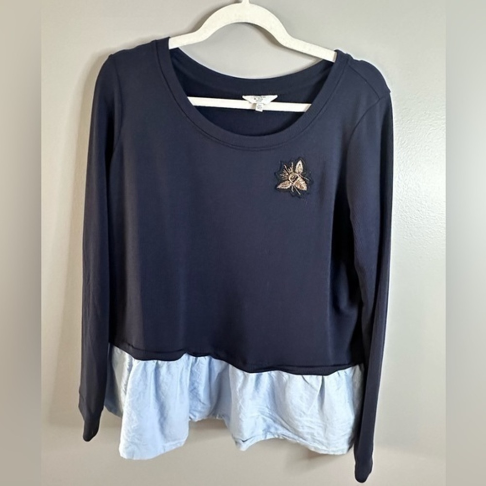Crown & Ivy Petite XL Blue QueenBee Patch Layer Shirt
